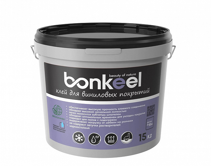 Клей для кварц-виниловой плитки (LVT) Bonkeel  Клей для виниловых покрытий и ковролина (LVT, линолеум, ковролин) 15 кг 646448-15 